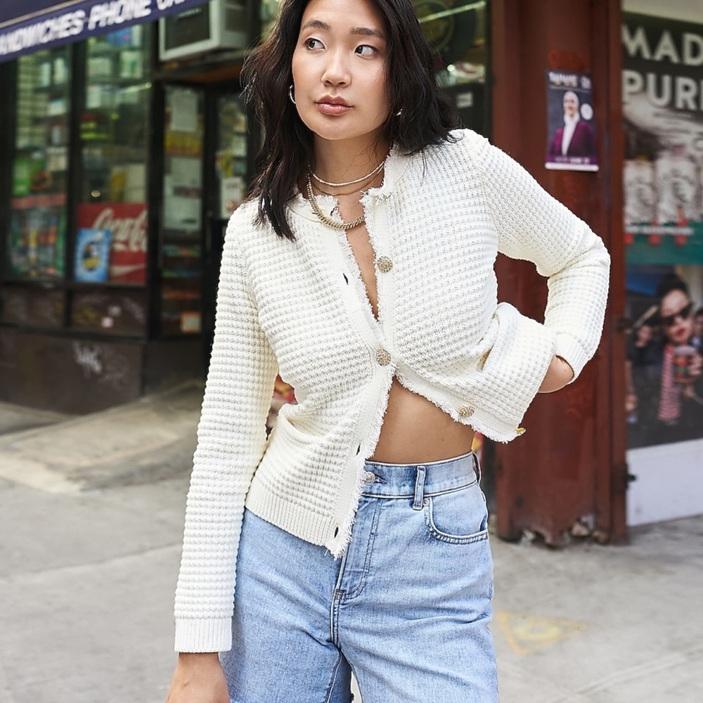 Express Embellished Button Fringe Trim Sweater Jacket